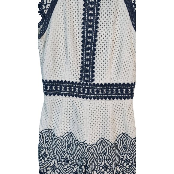 Saylor Ivory & Navy M Lace Embroidered Romper Open Back & Ribbon Tie Detail - Picture 6 of 15